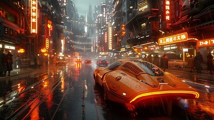 A cyber metropolis hums with life as sleek cars maneuver the technologically advanced streets in this mesmerizing cityscape. - obrazy, fototapety, plakaty