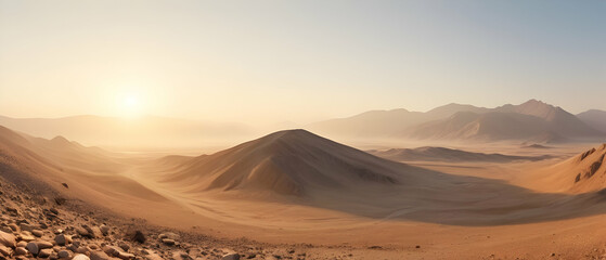 Panorama of beautiful a stone desert at sunrise in haze of soft sunlight, mountain landscape