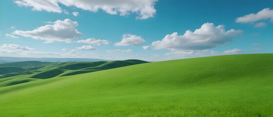 Fototapeta na wymiar Amazing panoramic of beautiful green grass field on hills and blue sky with clouds. Spring summer landscape background concept.
