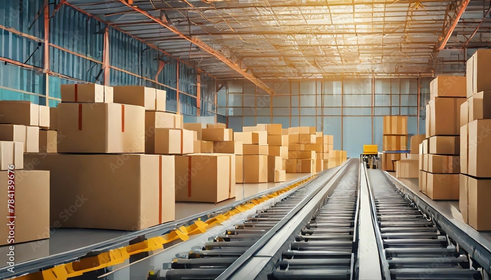 Poster conveyor belt in a distribution warehouse with row of cardboard box packages for e-commerce delivery
