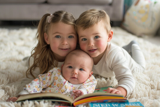 A loving sister and her baby brother and sister cuddling on a soft rug, surrounded by their favorite storybooks.