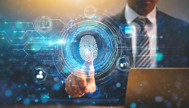 2fa authentication login or cybersecurity fingerprint and secure online connection of professional trading or financial personal electronic banking account, wide futuristic banner