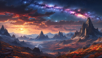 A beautiful, mountainous landscape with a sunset in the background and unearthly starry sky.