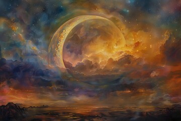 A painting of a moon with a crescent shape in the sky. The sky is filled with clouds and stars. The painting has a dreamy and peaceful mood - obrazy, fototapety, plakaty