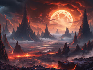 A fantastical scene of a alien landscape with a large glowing moon in the sky. The terrain is covered in rocks and sand, giving the impression of a barren and desolate environment.