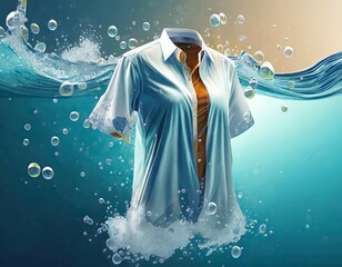 Fototapeta premium cleaning clothes washing machine or detergent liquid commercial advertisement style with floating shirt and dress underwater with bubbles and wet splashes laundry work as banner design with copy space