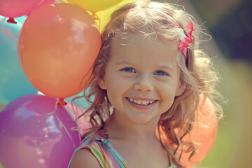 Fototapeta na wymiar A little girl with a radiant smile, holding a bunch of colorful balloons.