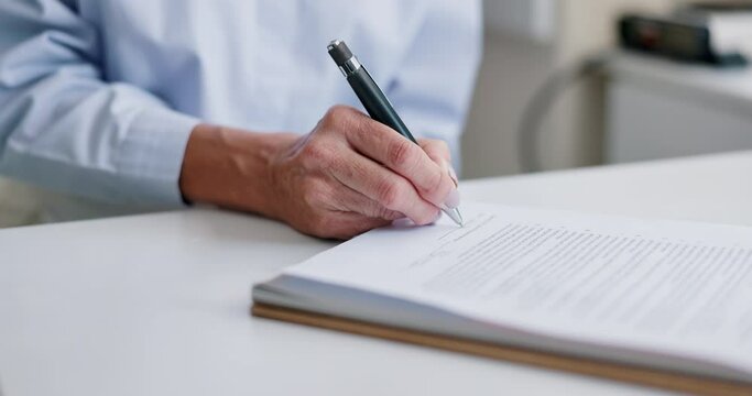 Person, hands and writing for contract, document and application for life insurance or loan. Pen, paper and sign or signature for asset management, title deed or will and testament for future finance