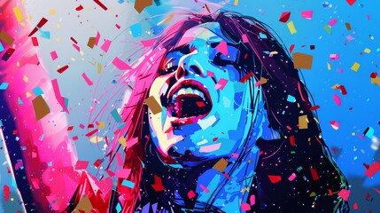 Illustration of happy woman celebrating in the party  with confetti rain.
