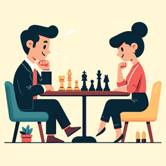 couple playing chess in a flat design illustration