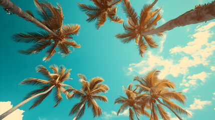 Low angle view of coconut palm trees against sky Summer season background