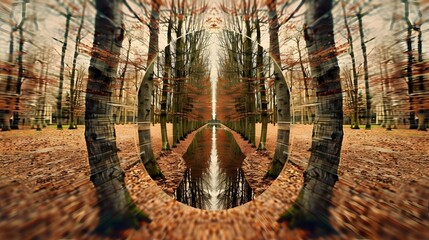 Nature Background: A mirror reflecting the image of trees, showcasing a unique perspective with the trees appearing duplicated in the mirrors surface, Wellness, Inner Peace, meditation, mindfulness