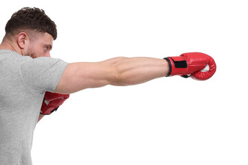 Man in boxing gloves fighting on white background - obrazy, fototapety, plakaty