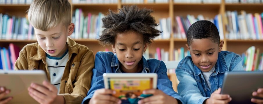 Three focused children using tablets to learn in a library environment, showcasing the blend of traditional and modern educational methods.
