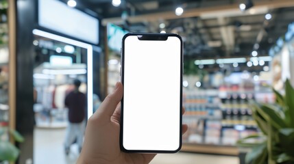 a person holding a phone in a store with shelves