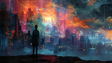 a man standing in front of a cityscape with a sky background that is colorful and has a lot of clouds - obrazy, fototapety, plakaty