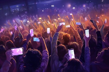 a crowd of people holding up their cell phones in the air at a concert with bright lights on them - obrazy, fototapety, plakaty
