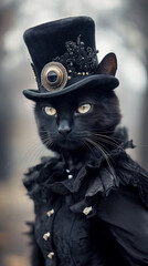  Photo-like illustration steampunk punk black cat, calm mood, classic portrait style.