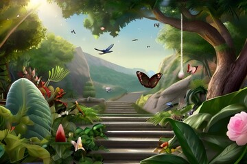 Paradiesische Pracht: Eine realistische, detailreiche Illustration des Gartens Eden - obrazy, fototapety, plakaty