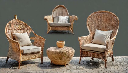 collection Set of outdoor garden rattan straw couches armchairs cutouts double seat sofas isolated on background - obrazy, fototapety, plakaty