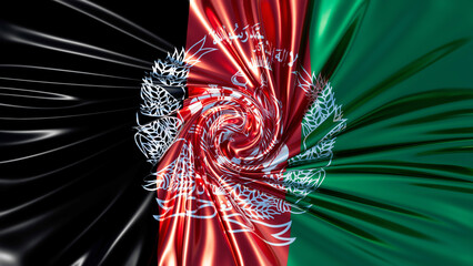 Afghanistan Flag in a Whirlwind Design with Islamic Emblem Centerpiece