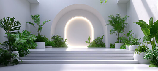 background minimalist, stairs, white wall and green plants