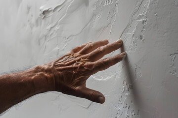 A close-up image of hands touching a wall