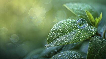 A minimalist photograph of a raindrop suspended on a leaf, encapsulating the entire universe within a moment of simplicity in straight front portrait minimal.