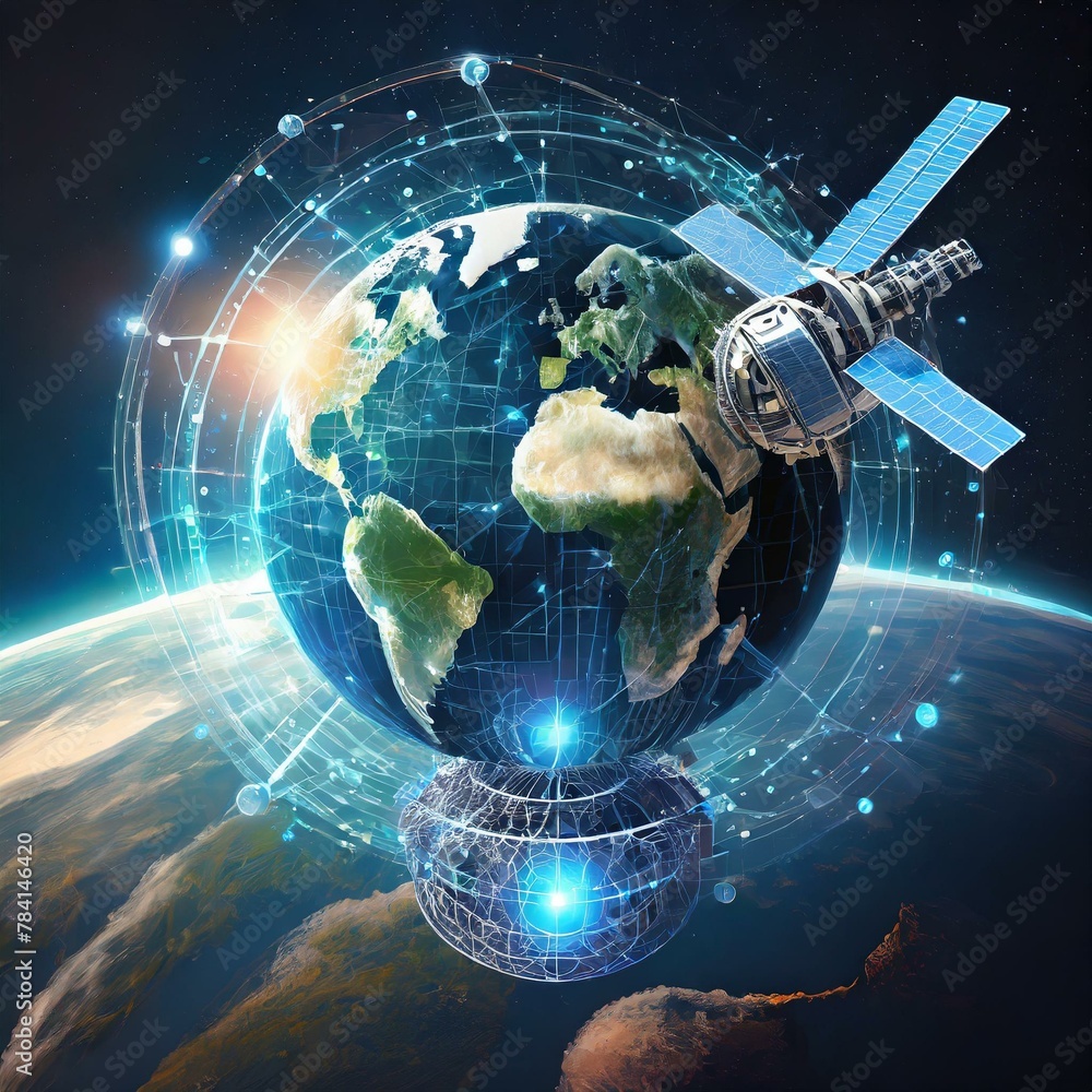 Poster telecom communication satellite orbiting around the globe earth with futuristic technology datum hol