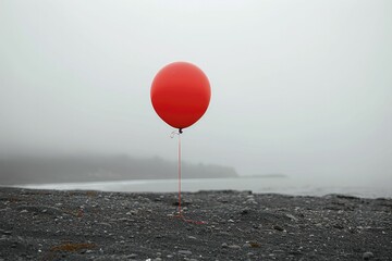 A vividly hued balloon pops against a somber sky, illuminating joy within intricate surroundings.