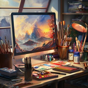 Digital illustration tools and palettes arranged in an artists workspace concept