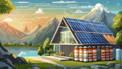wide banner design of a infographic diagram for battery packs alternative electric clean energy storage system at smart home with solar panels roof as backup or sustainable energy concepts