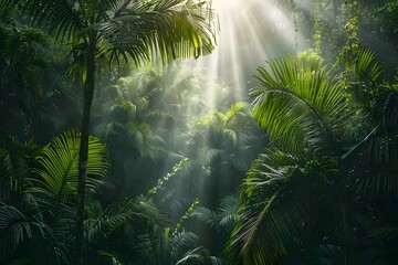 Lush Tropical Rainforest Canopy Bathed in Dappled Sunlight,Regulating Earth's Climate and Providing Vital Ecosystem Services - obrazy, fototapety, plakaty