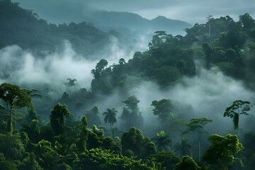 Magnificent Tropical Rainforest Landscape with Misty Mountains and Lush Vegetation,Showcasing Nature's Power to Regulate Climate and Sustain Life