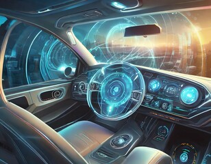 autonomous futuristic car dashboard concept with hologram screens and infotainment system as wide banner