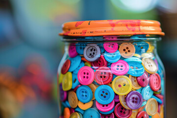 A jar filled with colorful buttons, waiting to be used for future crafts.