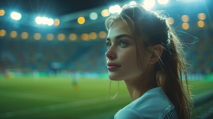 Poised and focused, a woman in a football kit stands in a vast stadium, Stadium Dreams