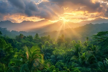 Vibrant Tropical Rainforest Landscape at Stunning Sunset with Dramatic Lighting and Dramatic Clouds