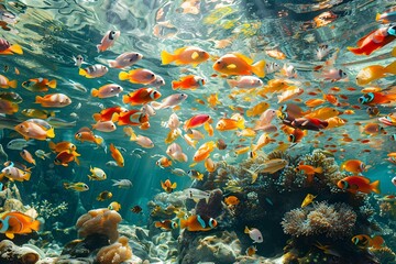 Fototapeta na wymiar Brilliant Underwater Seascape Showcasing Vibrant Coral Reef Teeming with Diverse Tropical Fish
