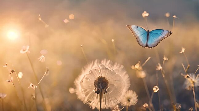 Morpho Butterfly and Dandelion Seeds A Natural Pastel Sunrise Background