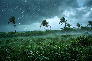 Powerful Tropical Storm Transforming Lush Landscape with Torrential Rains and Gusting Winds - obrazy, fototapety, plakaty