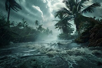 Powerful tropical storm shaping the lush jungle landscape with intense winds and torrential rains - obrazy, fototapety, plakaty