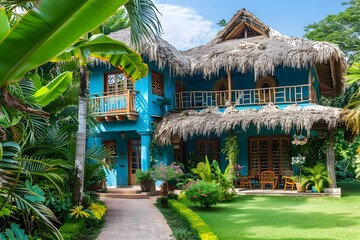 Tropical Architectural Fusion:Blending Traditional and Modern Styles in a Lush,Nature-Inspired Setting - obrazy, fototapety, plakaty