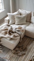 Overhead view of a cozy corner sofa with throw blankets, scandinavian style interior
