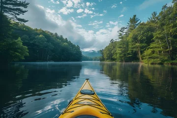 Foto op Plexiglas Peaceful Paddling Amid Pristine Lake and Forested Shores for Serene Nature © TEERAWAT