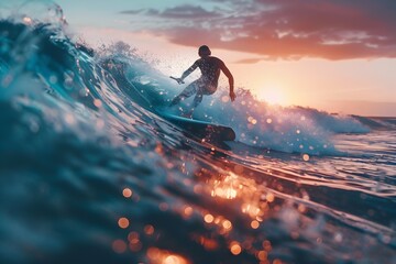 Exhilarating Surfing and Paddleboarding Adventure at Sunset Coastal Beaches - obrazy, fototapety, plakaty