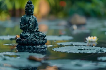 Zen Buddha Statue Reflecting in Serene Pond Amid Lush Foliage,Promoting Mindfulness and Inner Peace