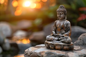 Fototapeta premium Solitary Buddha Statue Cultivates Inner Peace and Serenity in Serene Natural Garden Landscape