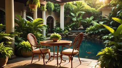 Fototapeta premium tropical patio with a Koi fish pool