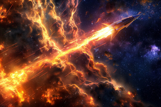 Space Rocket in deep space exploration, star wars style adventure among the stars and planets, showcasing science and technology